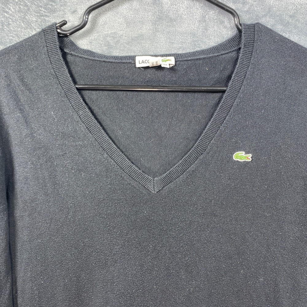Lacoste Sweater Women 38 Medium Black V Neck 100% Cotton Long Sleeve Knit - Picture 2 of 8